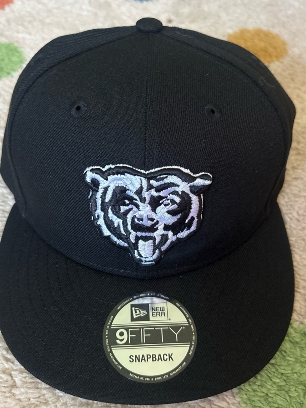 New Era Kids Black Snapback Hat with White and Gray Bear Patch